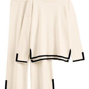 Soft Knit Lounge Set Long Sleeve Top Wide Leg Pants Cozy Outfit